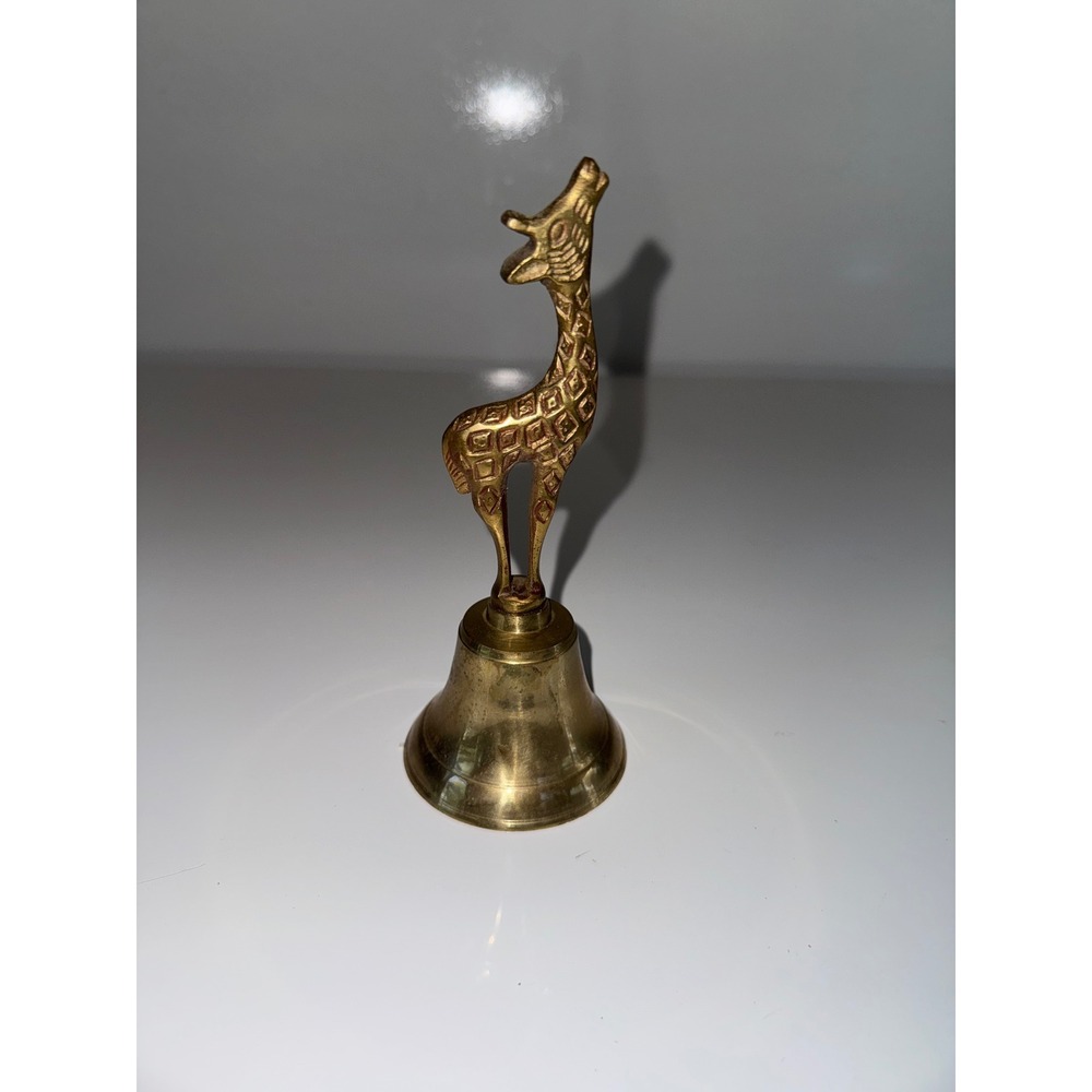 Vintage Solid Brass Giraffe Hand Bell Made in India Etched Animal Decor 6.5"